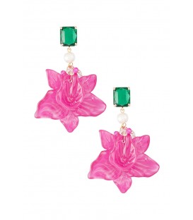 Fuchsia Roze Bloem Oorhangers met Groen Stras Steentje Elegante Bloemen Oorbellen