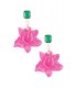 Fuchsia Roze Bloem Oorhangers met Groen Stras Steentje Elegante Bloemen Oorbellen