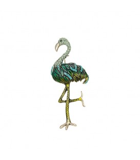 Groene broche met een flamingo motief en strasssteentjes