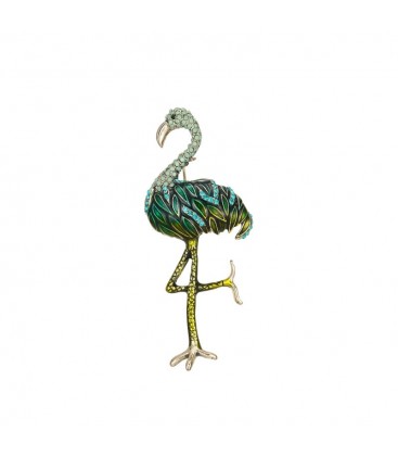 Groene broche met een flamingo motief en strasssteentjes