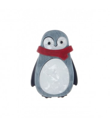 Grijze broche met wit, rood in de vorm van een pinguin