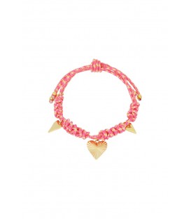 Fuchsia roze geknoopte armband met goudkleurige bedels